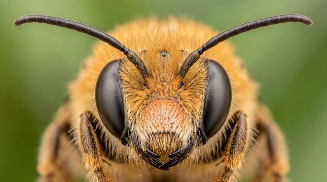 Extreme macro portrait of a solitary bee Megachilidae with golden hairs