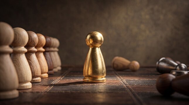 Golden pawn piece standing out among wooden figures on a chessboard in studio lighting