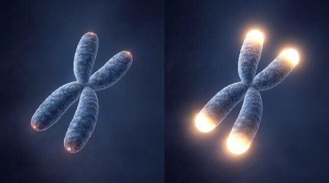 3D illustration of human X chromosome with glowing telomeres on dark blue background
