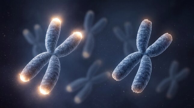 3D rendering of human X chromosomes with glowing telomeres on dark blue background