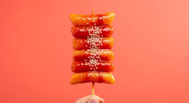 Korean rice cake skewer with spicy sauce held by hand, food photography for street food branding and vibrant advertising