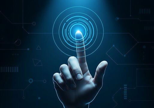 Finger touching a glowing blue digital interface button with interface, scanning