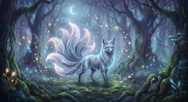 Ethereal fantasy fox illustration with glowing particles in a dark enchanted forest.