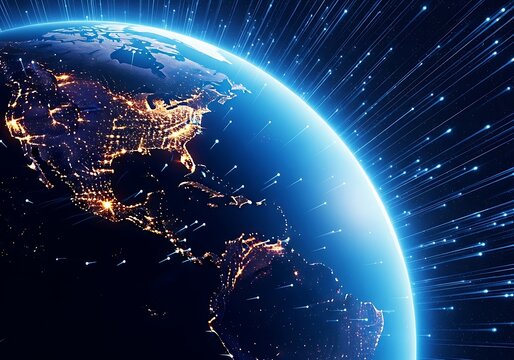 Digital globe with glowing data streams emanating from earth at night, universe