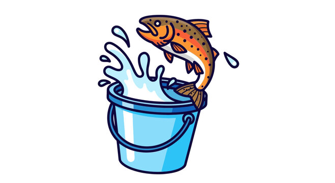 Trout leaping from bucket of water, dynamic splash, fishing concept