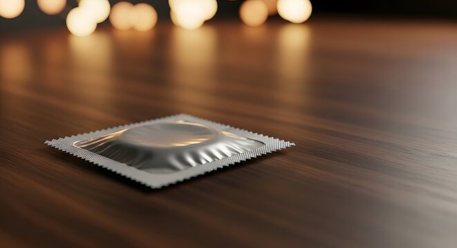 Silver condom wrapper on dark wooden table, contraceptive foil pack for safe sex, latex protection product in atmospheric low light setting