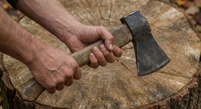 Close-up of hands gripping an old axe head against a weathered tree stump background.
