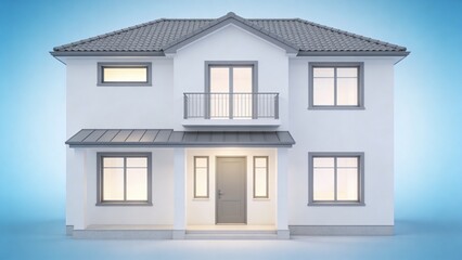 Obraz premium A modern two-story house with gray roof and white walls stands against a blue background