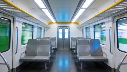 Naklejka premium Interior view of a modern public transportation train with empty gray seats