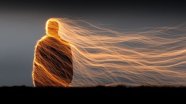 Person with flowing light trails against dark sky
