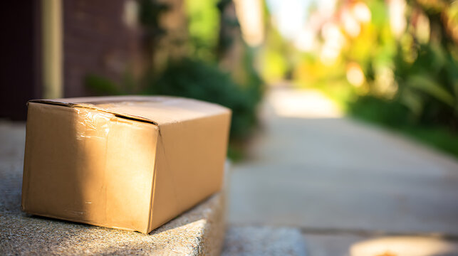 Cardboard box on doorstep in sunlight ideal for corporate presentations and B2B marketing
