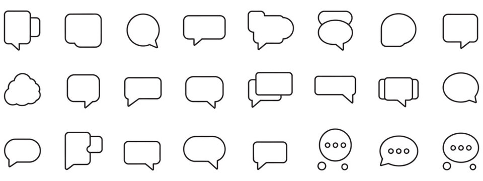 Speech bubble line icons collection with chat message and conversation symbols, dialogue cloud bubbles, talk bubble signs, clean editable stroke vector illustration set.