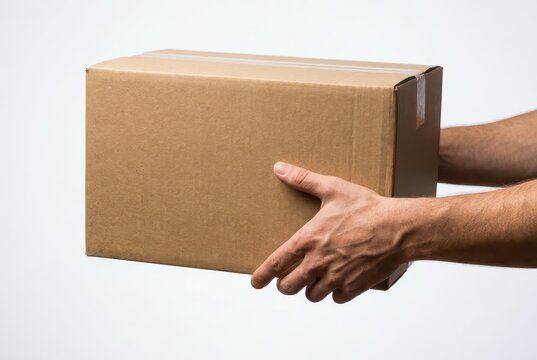 Hands holding a plain brown cardboard box, isolated on a clean white background, ready for shipping.