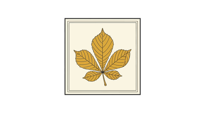 Stylized golden-brown palmate leaf, possibly a horse chestnut, centered in a square frame with a double border on a light background.