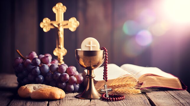 Christian communion bread wine and bible with cross symbol on wooden table religious worship concept 