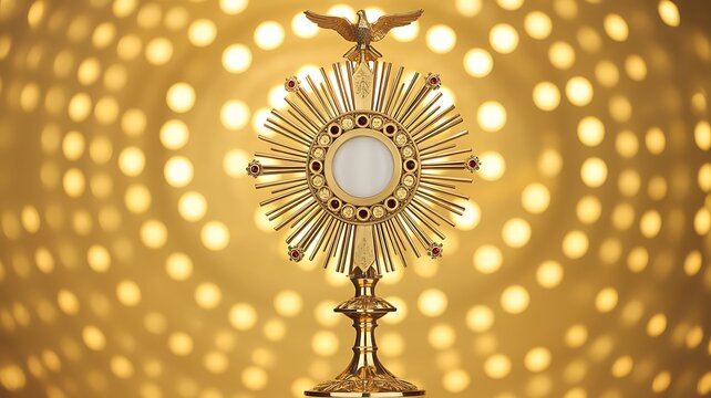 Golden catholic monstrance with holy eucharist on glowing background spiritual worship concept 