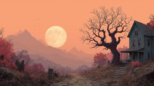 Moonlit night with a house and a tree in the mountains