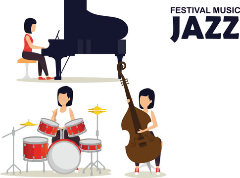 Jazz musicians performing on piano, drums, and double bass illustrate a musical ensemble set against a clean white background.