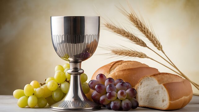 Eucharist symbols with silver chalice bread grapes wheat and warm background lighting