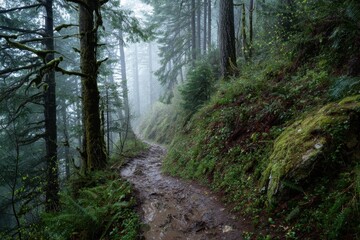 Fototapeta premium Muddy forest trail winding through a misty woodland