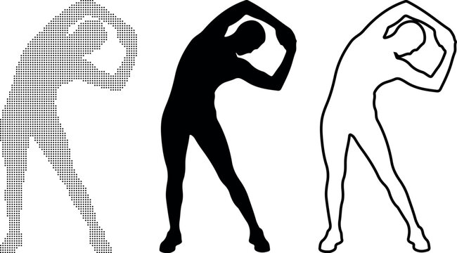 Silhouette of person stretching side to side in three styles dotted solid outline exercise fitness