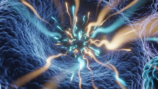 A cinematic 3D medical animation featuring a journey through a microscopic biological environment. The camera moves toward a glowing energy core emitting blue and orange light pulses, surrounded by te