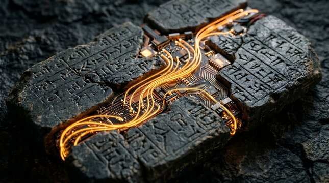 Ancient stone tablet features glowing orange energy lines connecting carved segments for a futuristic archeology concept display.
