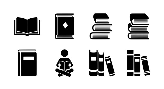 Books and libraries icons set with open book, bookmarks, stacked volumes, and learning symbols in clean flat style