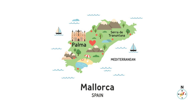 Mallorca Map Illustration with Landmarks and Copy Space