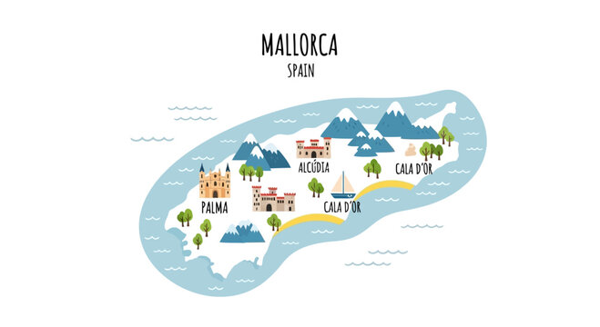 Mallorca Spain Map Illustration with Landmarks and Copy Space