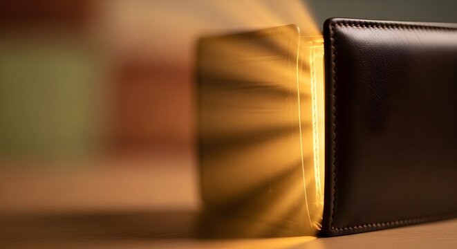 Glowing open leather wallet with light rays