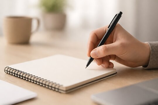 A close-up shot of a person's hand holding a pen and writing in a notebook on a wooden desk.