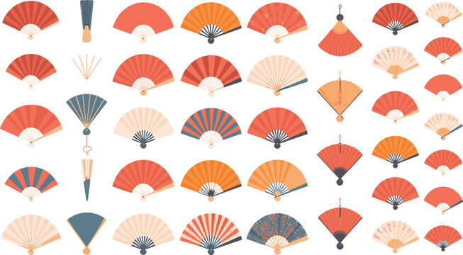 Traditional Japanese and Chinese Folding Hand Fan Collection Vector Set with Elegant Oriental Red Orange Decorative Designs
