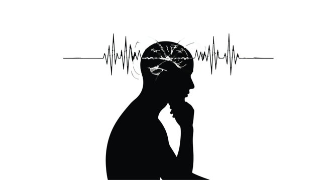 Silhouette of a person deep in thought with a brainwave graphic symbolizing mental activity.