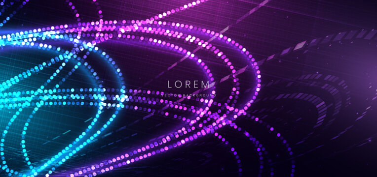 Digital technology background with blue dotted lines wave lines lighting effect on dark background.