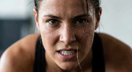 Close-up portrait of a determined woman with sweat dripping down her face during intense physical exertion.