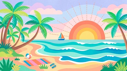 Fototapeta premium Vibrant tropical beach scene at sunrise with palm trees sailboat and colorful waves