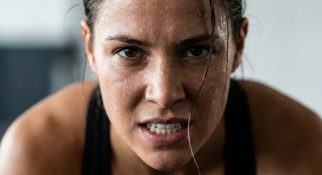 Close-up portrait of a determined woman with sweat dripping down her face during intense physical exertion.