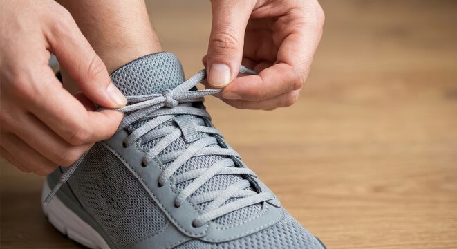 Close-up shot of a person tying the laces of a grey athletic shoe on a wooden floor.