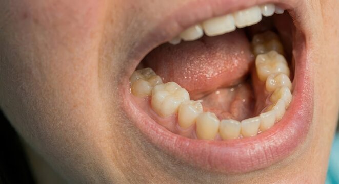 Close-up view of a person's open mouth revealing healthy teeth, gums, and tongue.