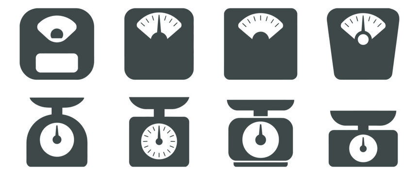 Weight scale icon set featuring simple kitchen and fitness scale symbols, black flat silhouette design, kilogram measurement tools, body weight and health tracking concepts, clean vector illustration.