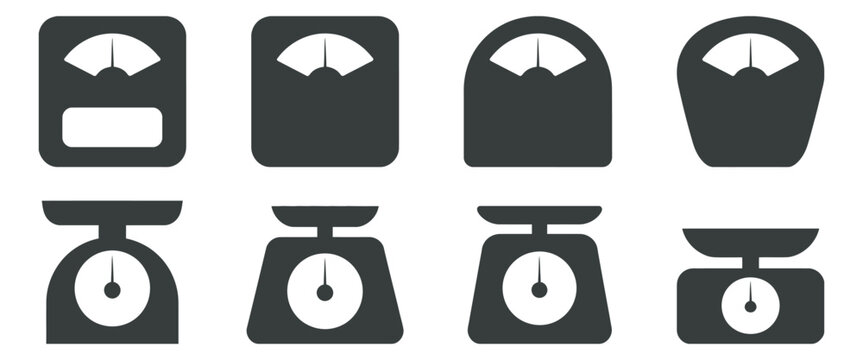 Weight scale icon set featuring simple kitchen and fitness scale symbols, black flat silhouette design, kilogram measurement tools, body weight and health tracking concepts, clean vector illustration.