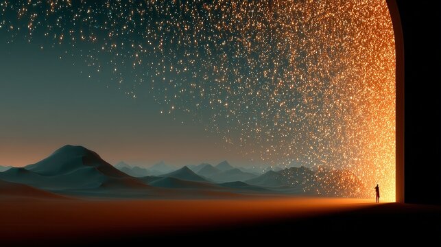 Sparkling particles flow from a large arch in the mountains
