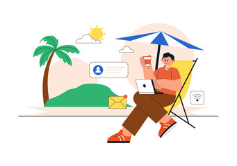Fototapeta premium Digital Nomad Lifestyle Illustration Featuring Remote Work Travel With Laptop, Online Communication, Beach Office, and Global Connectivity Design