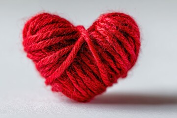 Fototapeta premium Minimalist red yarn heart crafted from wool on white backdrop