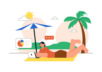 Obraz premium Digital Nomad Lifestyle Illustration Featuring Remote Work Travel With Laptop, Online Communication, Beach Office, and Global Connectivity Design