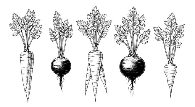 Root vegetables illustration set with detailed leaves and roots featuring carrots, turnips, parsnips with black and white and organic elements for