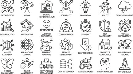 Fototapeta premium Business icons, finance symbols, marketing signs, productivity graphics, 40 line icons