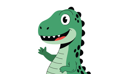 Fototapeta premium Friendly green dinosaur character waves its hand and smiles for children's educational and prehistoric themed designs.