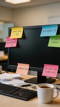 A busy office workspace with a computer monitor covered in colorful sticky notes, a keyboard, and a cup of coffee on the desk.